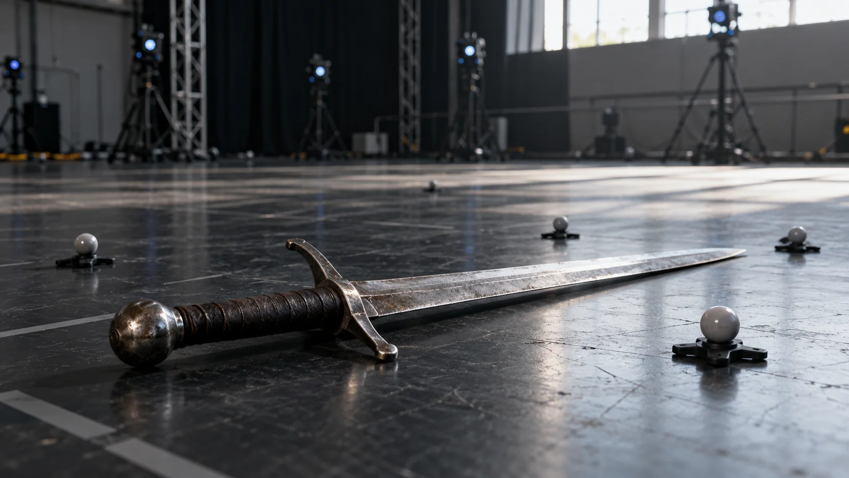 A sword prop and motion capture markers inside a game studio