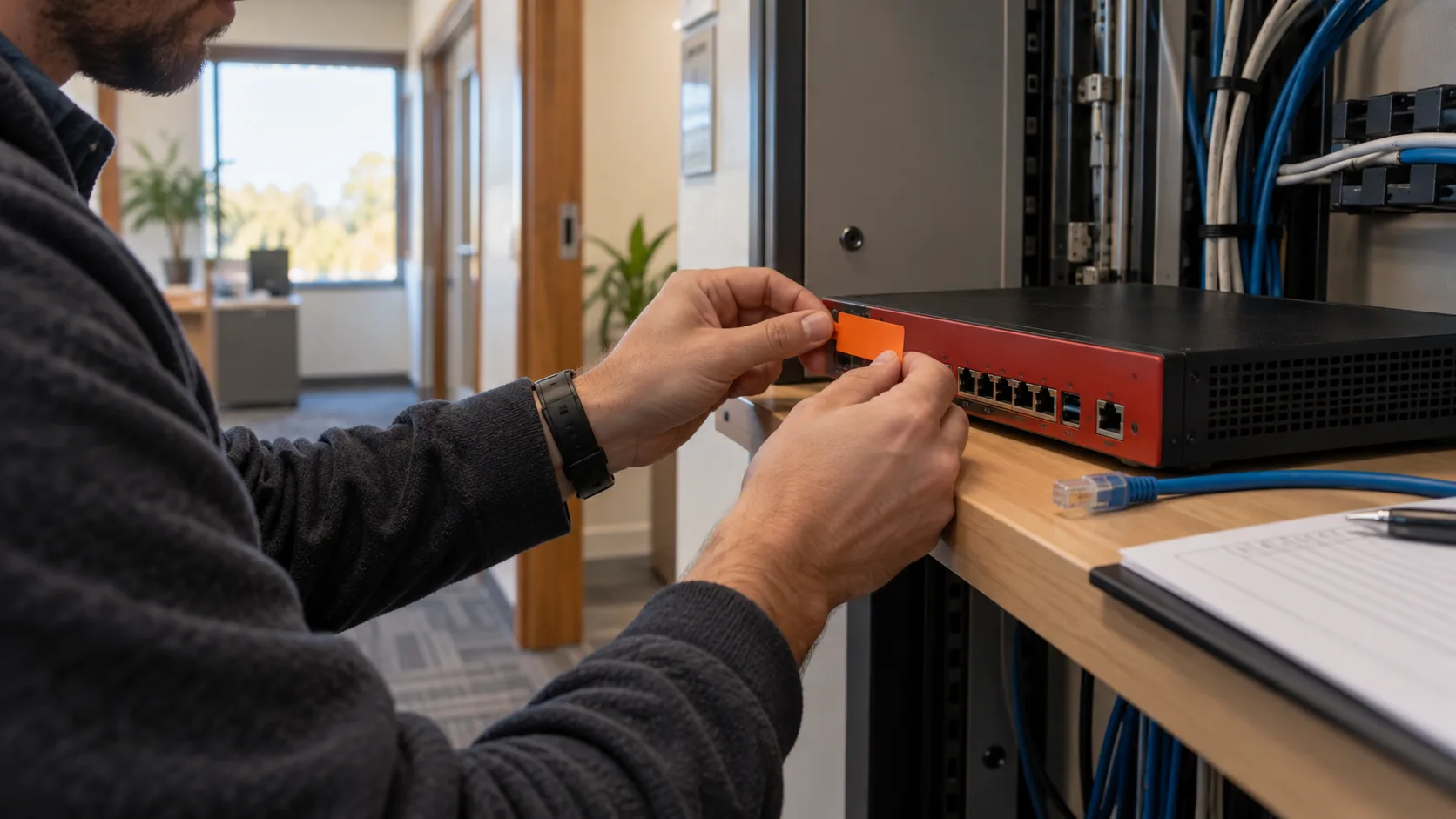 A technician prepares a network firewall during maintenance