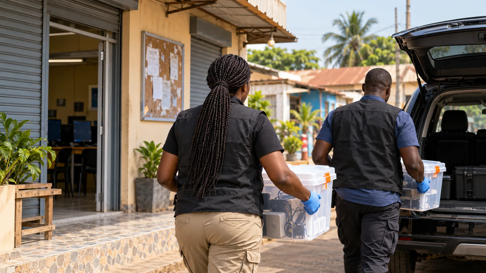 Investigators carry evidence boxes past a closed internet café