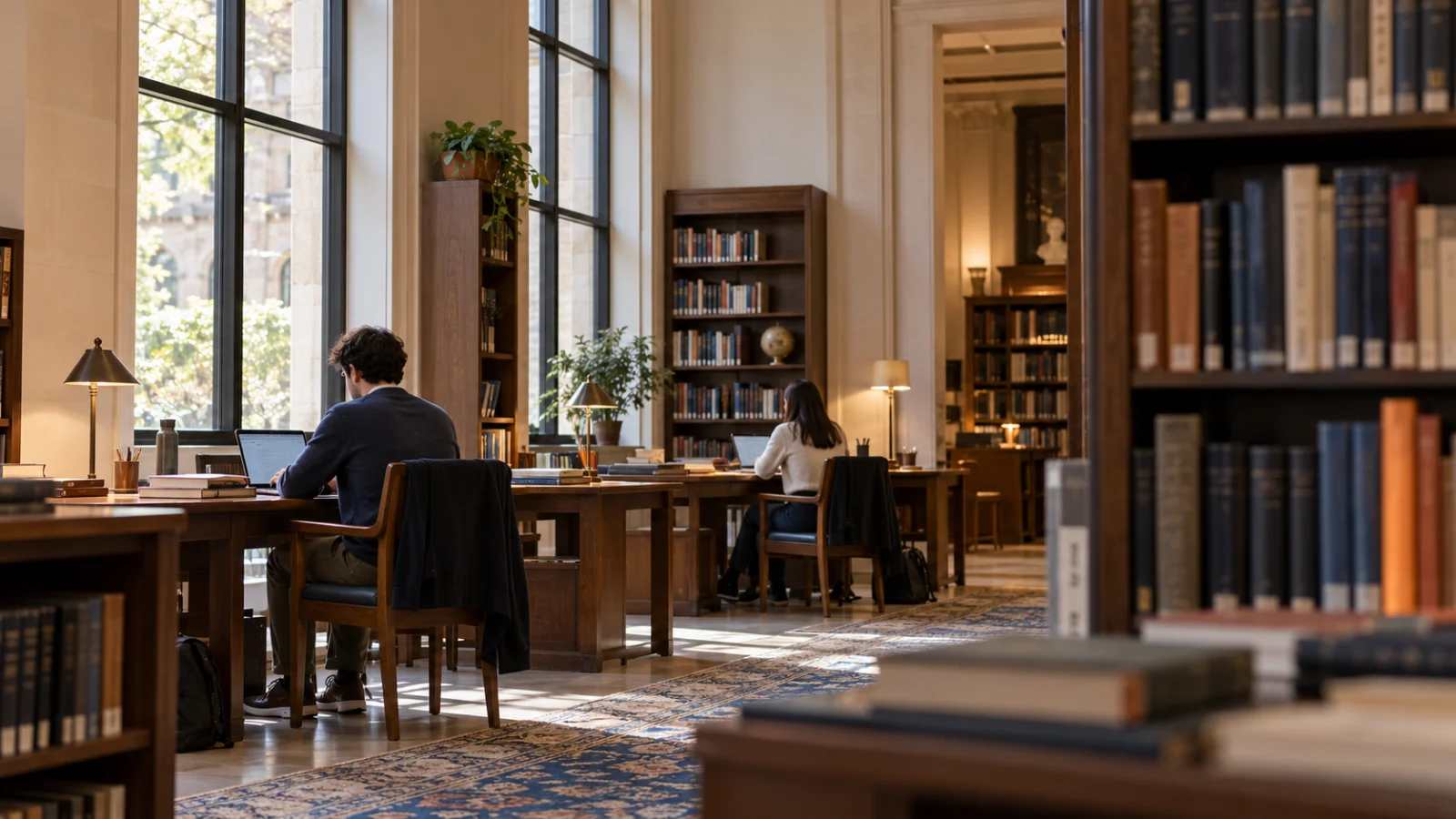Two people consult resources in a community library research room